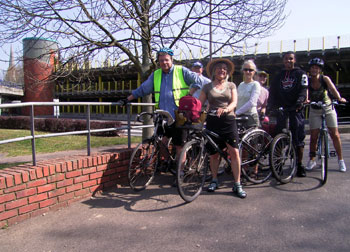Ian, Mick, Anne, Sue, Joyce, Roman and Linda at Chichester (spire of cathedral on far left) 