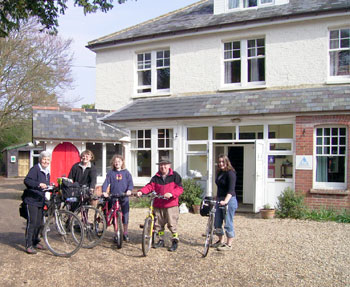 Sheila, Joyce, Eliane, Fred and Anya outside Burley YHA 